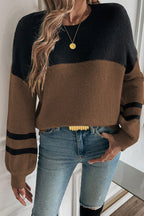 Dark Brown Color Block Knit Striped Sleeve Detail Casual Sweater