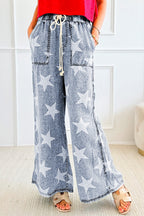 Light Blue Star Print Light Wash Drawstring Elastic Waistband Wide Leg Jeans