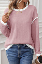 Light Pink Contrast Color Trim Knit Drop Shoulder Loose Top