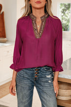 Violet Leopard Trim V Neck Flounced Bracelet Sleeve Blouse