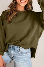 Seagrass Horizontal Ribbed Exposed Seam Patchwork Sleeve Loose Top