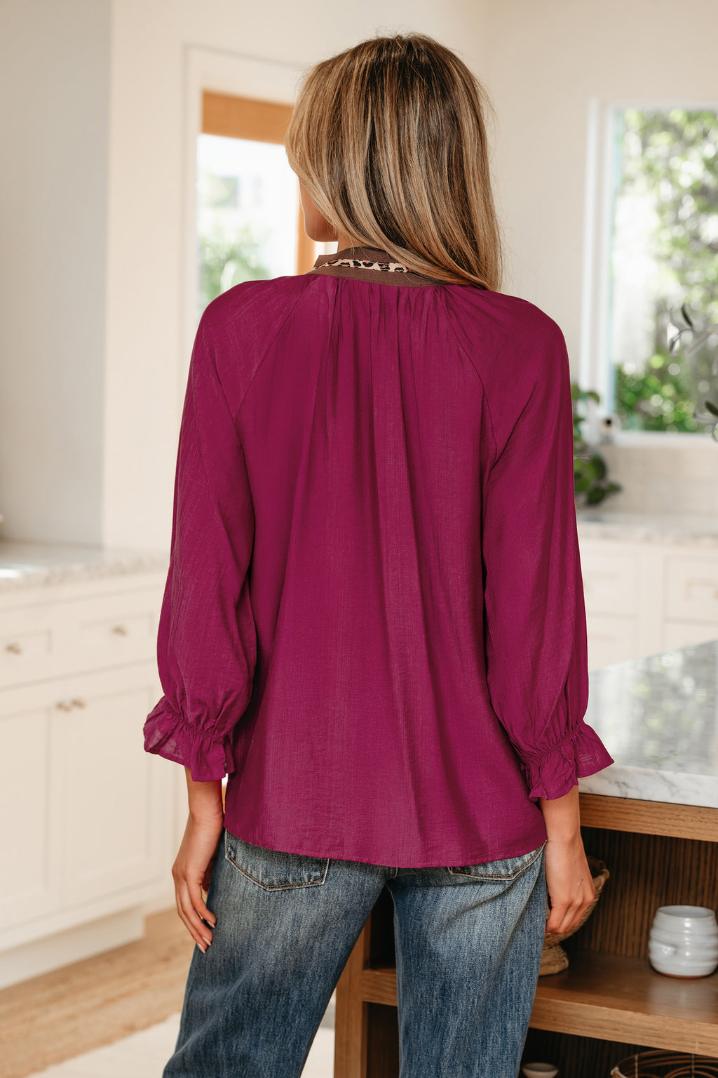 Violet Leopard Trim V Neck Flounced Bracelet Sleeve Blouse