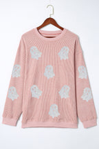 Pink Halloween Ghost Corded Crew Neck Loose Sweatshirt