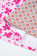 Pink Boho Mixed Floral Drop Shoulder Bubble Sleeve Blouse