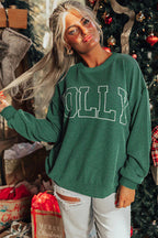 Blackish Green Twisted Rib Outlined Merry Letter Graphic Loose Long Sleeve Top