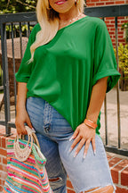 Green Seamed Back High Low Hem V Neck Cuffed Sleeve Plus Size Tee