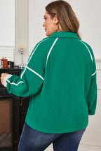 Dark Green Half Zip Contrast Trim Pocketed Plus Size Fleece Sweatshirt