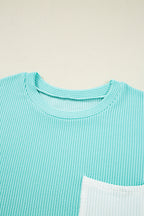 Iceland Blue 3D Ribbed Texture Contrast Patched Pocket Long Sleeve Top