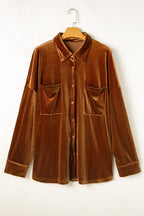 Chestnut Plus Size Velvet Chest Pocket Drop Shoulder Shirt