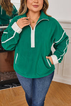 Dark Green Half Zip Contrast Trim Pocketed Plus Size Fleece Sweatshirt