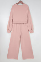 Light Pink Drop Shoulder Puff Sleeve Crop Pullover Drawstring Wide Leg Pants Set