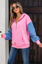 Bonbon Checkered Patchwork Kangaroo Pocket Half Zipper Hoodie