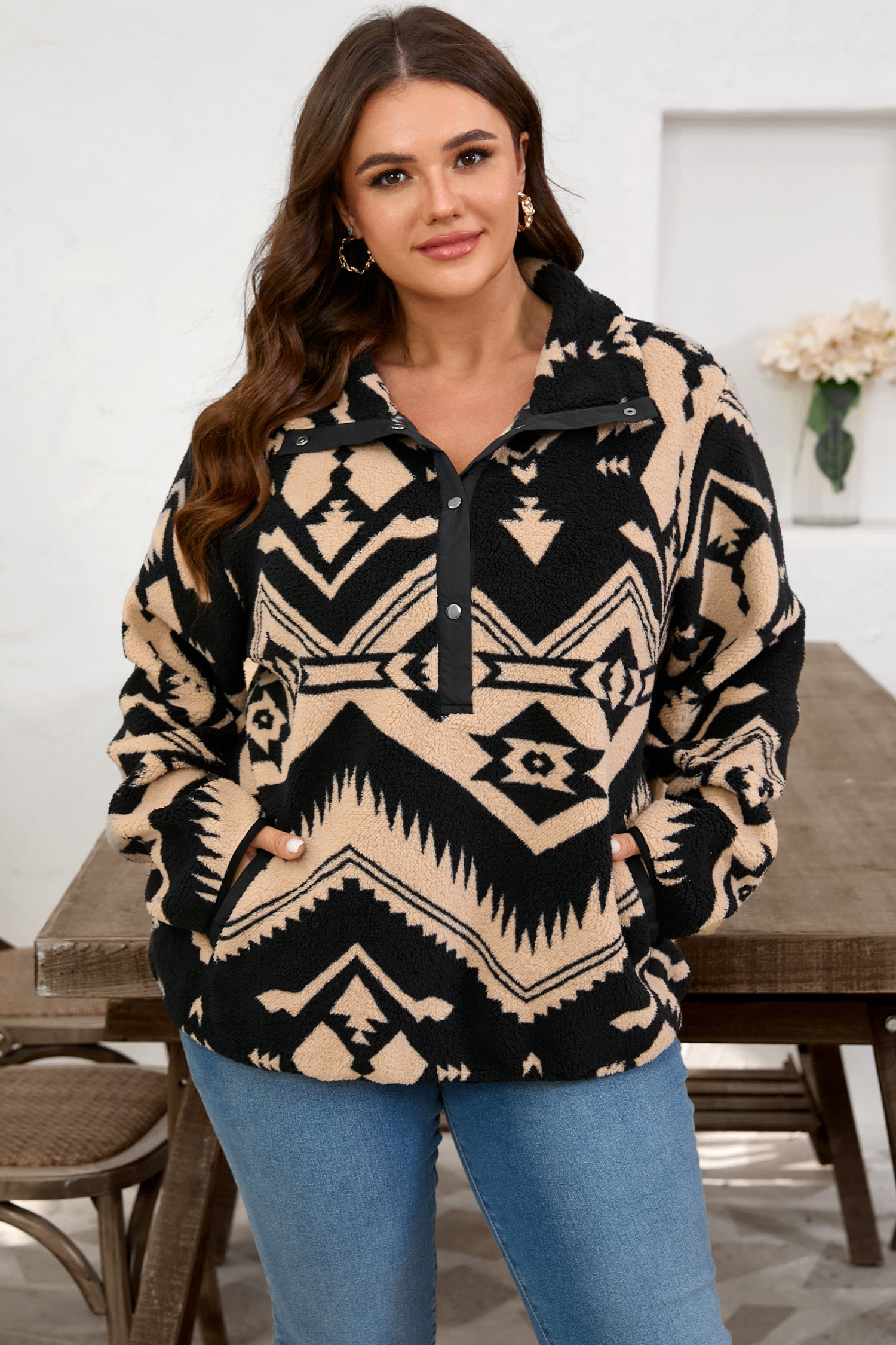 Black Plus Size Western Aztec Pattern Half Button Collared Plush Sweatshirt