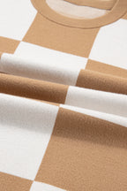 Light French Beige Plus Size Checkered Pattern Knit Short Sleeve Sweater