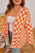 Orange Plus Size Checkered Bubble Sleeve Drop Shoulder Open Cardigan