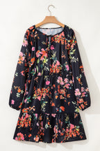 Black Plus Size Floral Print Tie Neck Cinched Waist Long Sleeve Mini Dress