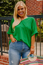 Green Seamed Back High Low Hem V Neck Cuffed Sleeve Plus Size Tee