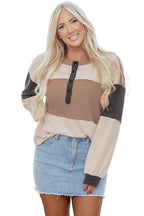 Jet Stream Color Block Waffled Patchwork Loose Henley Top