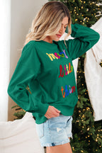 Dark Green merry little thing Corded Letter Graphic Ribbed Loose Sweatshirt