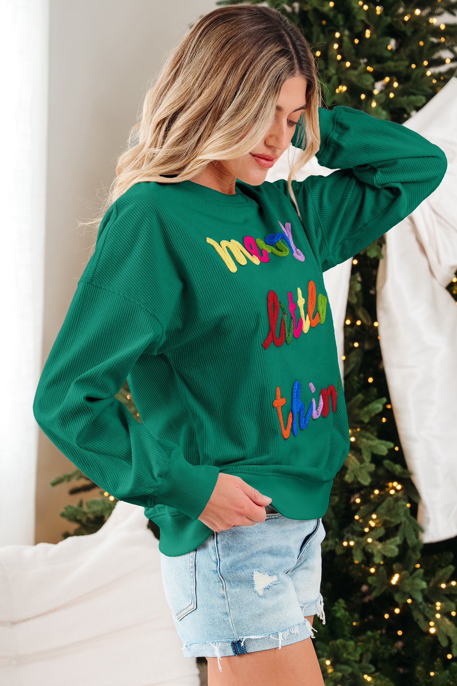 Dark Green merry little thing Corded Letter Graphic Ribbed Loose Sweatshirt