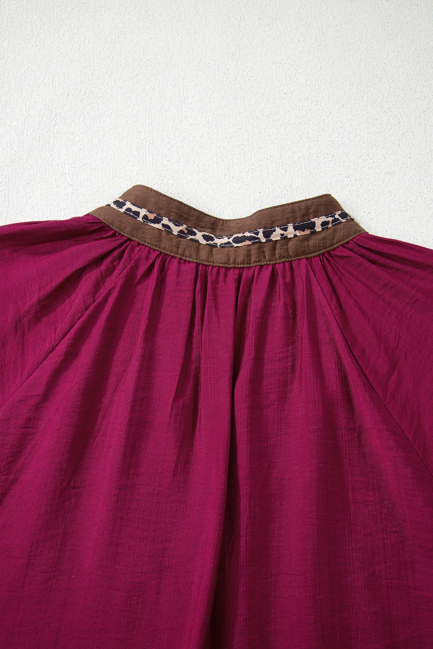 Violet Leopard Trim V Neck Flounced Bracelet Sleeve Blouse