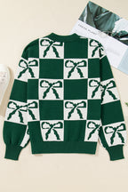 Blackish Green Checkered Bow Print Casual Sweater