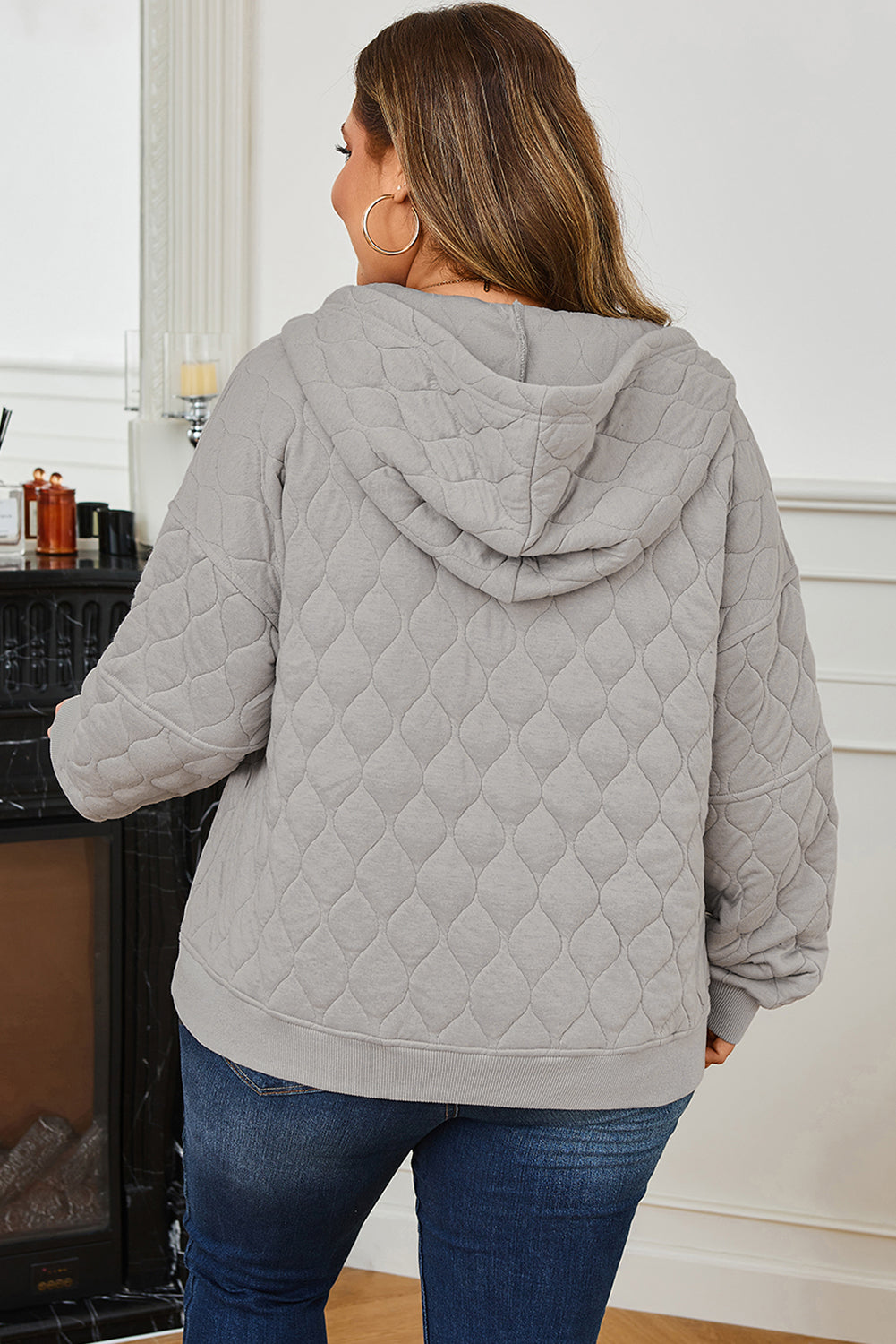 Gray Quilted Quarter Zip Plus Size Hoodie