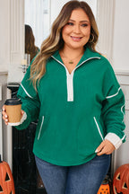 Dark Green Half Zip Contrast Trim Pocketed Plus Size Fleece Sweatshirt