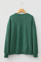 Blackish Green Twisted Rib Outlined Merry Letter Graphic Loose Long Sleeve Top