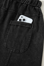 Black Mineral Wash Exposed Seam Drawstring Elastic Waistband Wide Leg Cargo Pants
