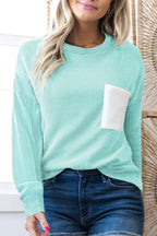 Iceland Blue 3D Ribbed Texture Contrast Patched Pocket Long Sleeve Top