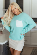 Iceland Blue 3D Ribbed Texture Contrast Patched Pocket Long Sleeve Top