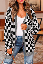 Black Checkered Open Front Drop Shoulder Cardigan