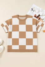 Light French Beige Plus Size Checkered Pattern Knit Short Sleeve Sweater