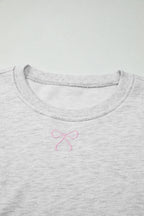 Light Grey Girly Bow Embroidered Detail Puff Sleeve Pullover 2pcs Short Set