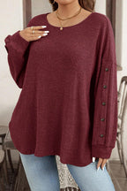 Wild Ginger Plus Size Ribbed Button Decor Long Sleeve Loose Top