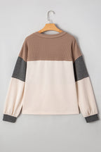 Jet Stream Color Block Waffled Patchwork Loose Henley Top