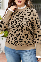 Brown Leopard Knitted Lacy Trim Cuffed Plus Size Sweater