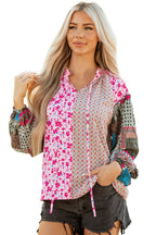Pink Boho Mixed Floral Drop Shoulder Bubble Sleeve Blouse