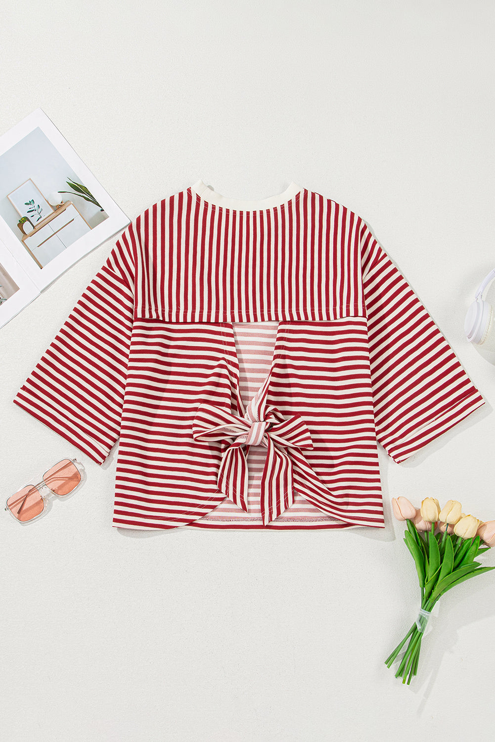 Red Stripe Bowknot Cutout Back Drop Shoulder Wide Bracelet Sleeve Loose Tee