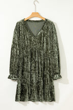 Jungle Green Plus Size Velvet Babydoll Mini Dress with Puff Sleeve