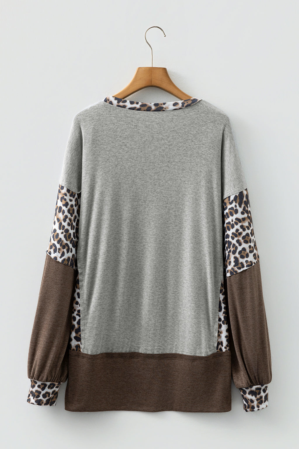 Gray Color Block Leopard Patchwork Dolman Sleeve High Low Baggy Sweatshirt