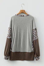 Gray Color Block Leopard Patchwork Dolman Sleeve High Low Baggy Sweatshirt