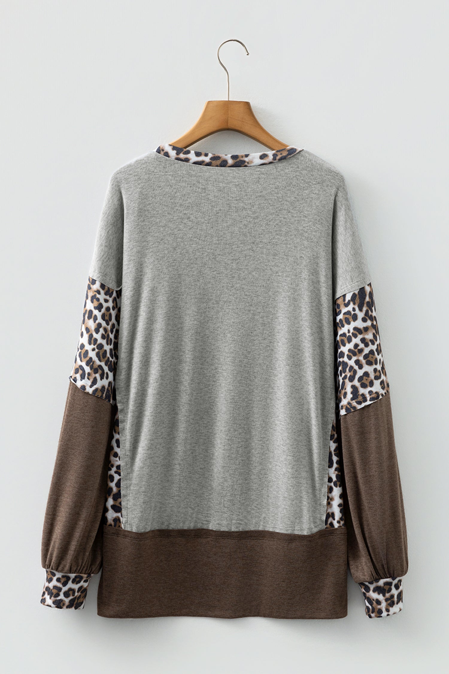 Gray Color Block Leopard Patchwork Dolman Sleeve High Low Baggy Sweatshirt