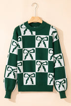 Blackish Green Checkered Bow Print Casual Sweater
