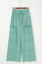 Mint Green Mineral Wash Exposed Seam Drawstring Elastic Waistband Wide Leg Cargo Pants