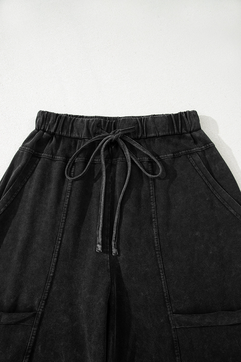 Black Mineral Wash Exposed Seam Drawstring Elastic Waistband Wide Leg Cargo Pants