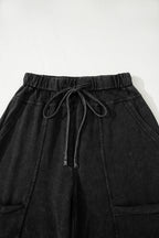 Black Mineral Wash Exposed Seam Drawstring Elastic Waistband Wide Leg Cargo Pants