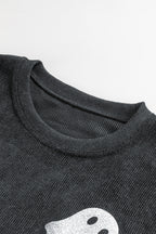 Black Halloween Ghost Corded Crew Neck Loose Sweatshirt