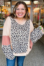 Gray Leopard Color Block Patchwork Reverse Stitch Plus Size Baggy Pullover